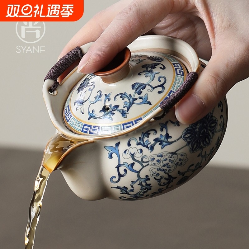 功夫茶具泡茶手抓壶盖碗茶杯高档大号防烫家用青花汝窑茶碗带盖