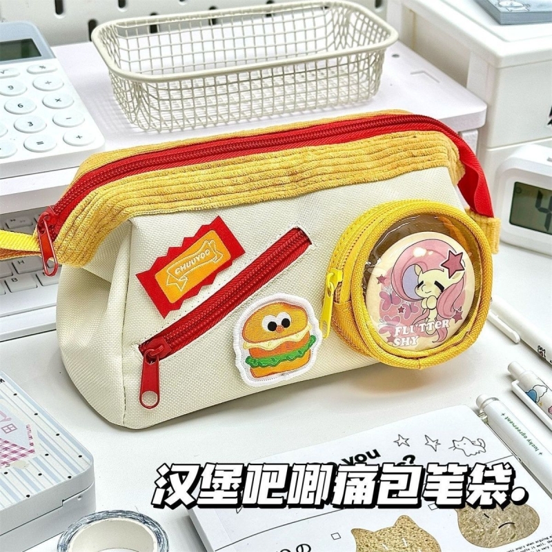 红黄汉堡笔袋痛包日式可爱大容量铅笔袋学生多层高颜值ins风多功能文具盒撞色小众不撞款2025超火小八食物