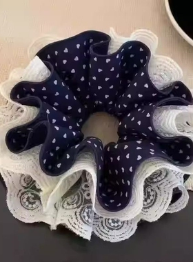 韩系藏青爱心波点蕾丝大肠发圈