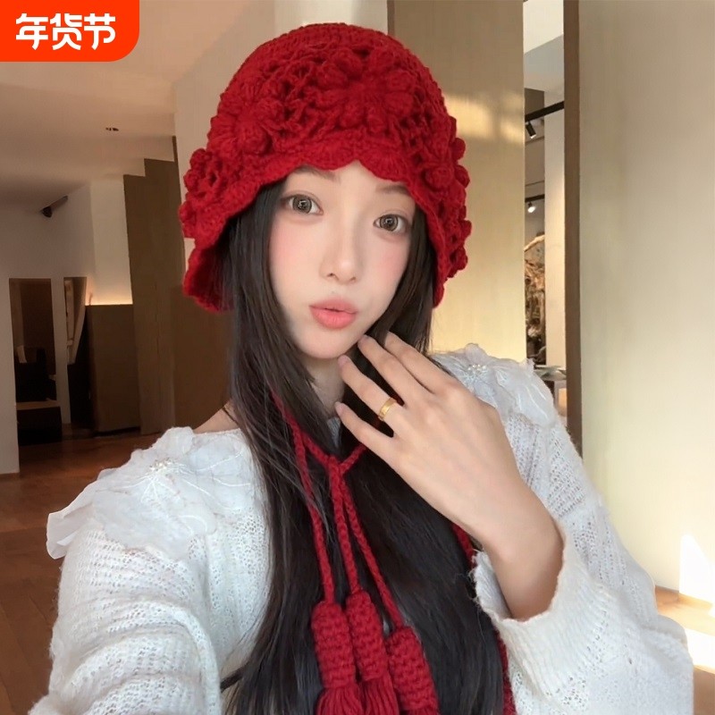 加厚手工钩花针织帽女2025冬季保暖包头冷帽民族风毛线帽流苏花朵