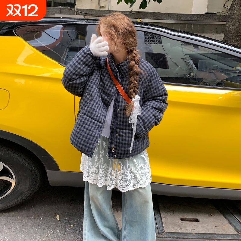 户外美式复古格子加厚羽绒棉服2025冬季新款立领保暖棉衣韩版宽松