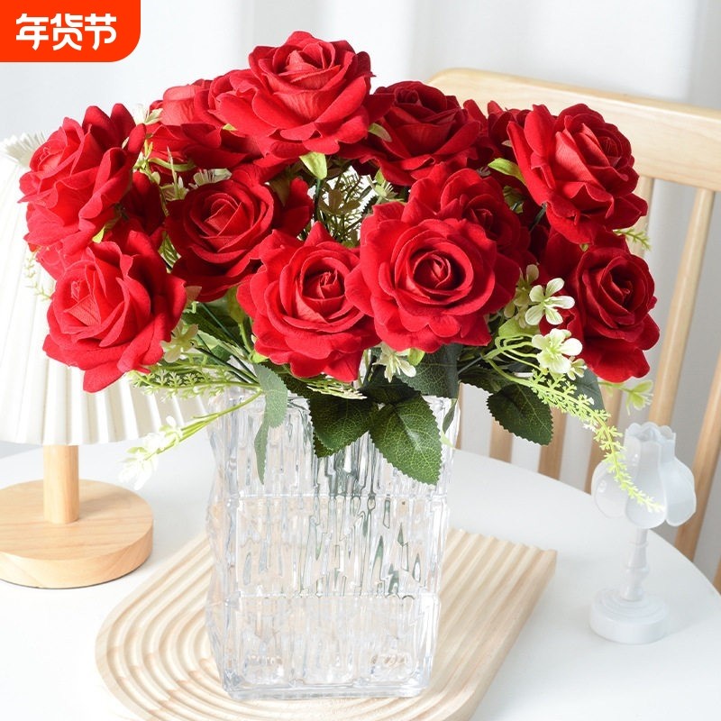 仿真花7头把束爱莎玫瑰 绒布角玫情人节装饰花束婚礼婚庆家居假花