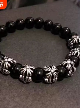 伢克迪/ 街拍手链时尚百搭潮款十字天然黑石头男女串手链情侣学生