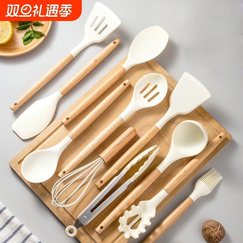 木柄硅胶厨具12件套不粘锅厨房小工具烹饪铲勺套装收纳桶硅胶锅铲