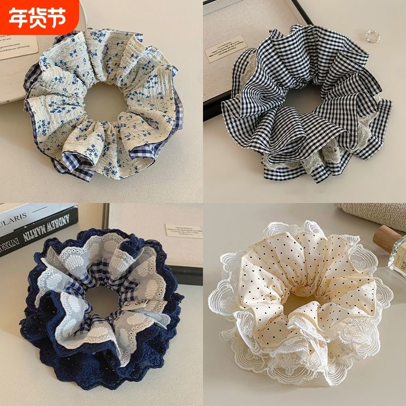 森系黄色格子碎花大肠发圈女法式田园风头花发绳气质绑丸子头头绳