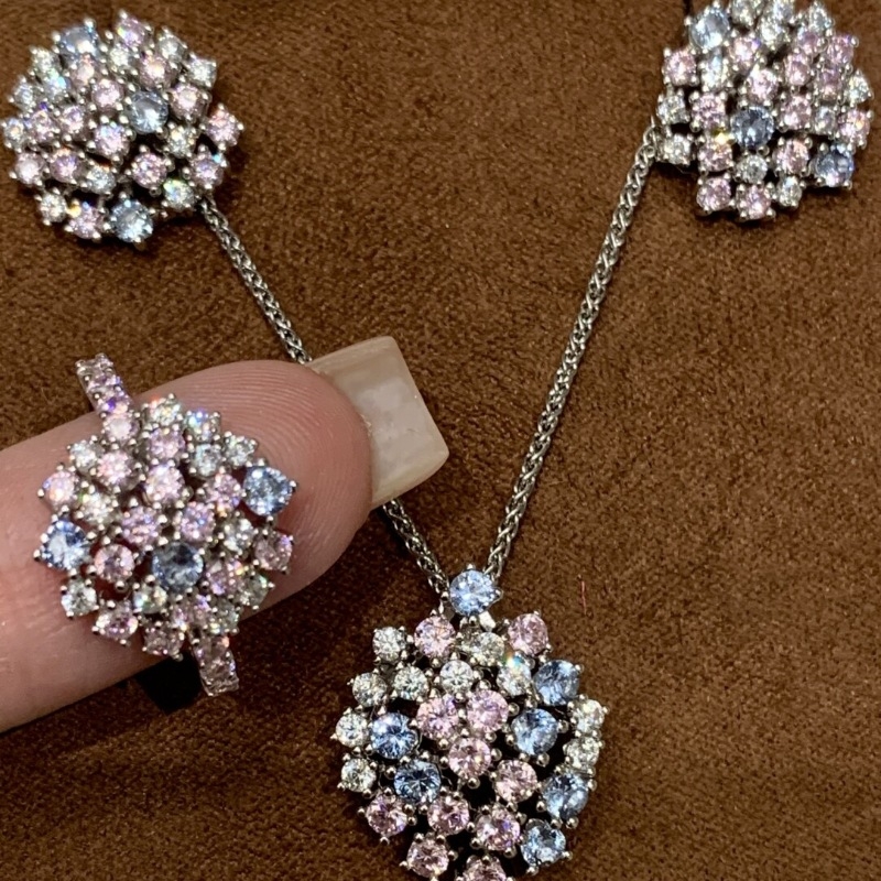 925法式优雅镶嵌彩钻绣球烟花戒指耳钉项链复古时尚气质百搭个性