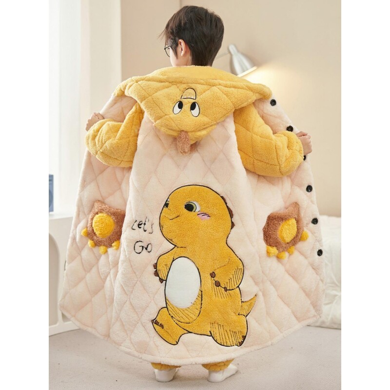 奶龙男童睡衣冬季加绒加厚款三层夹棉儿童男孩睡袍长款珊瑚绒套装