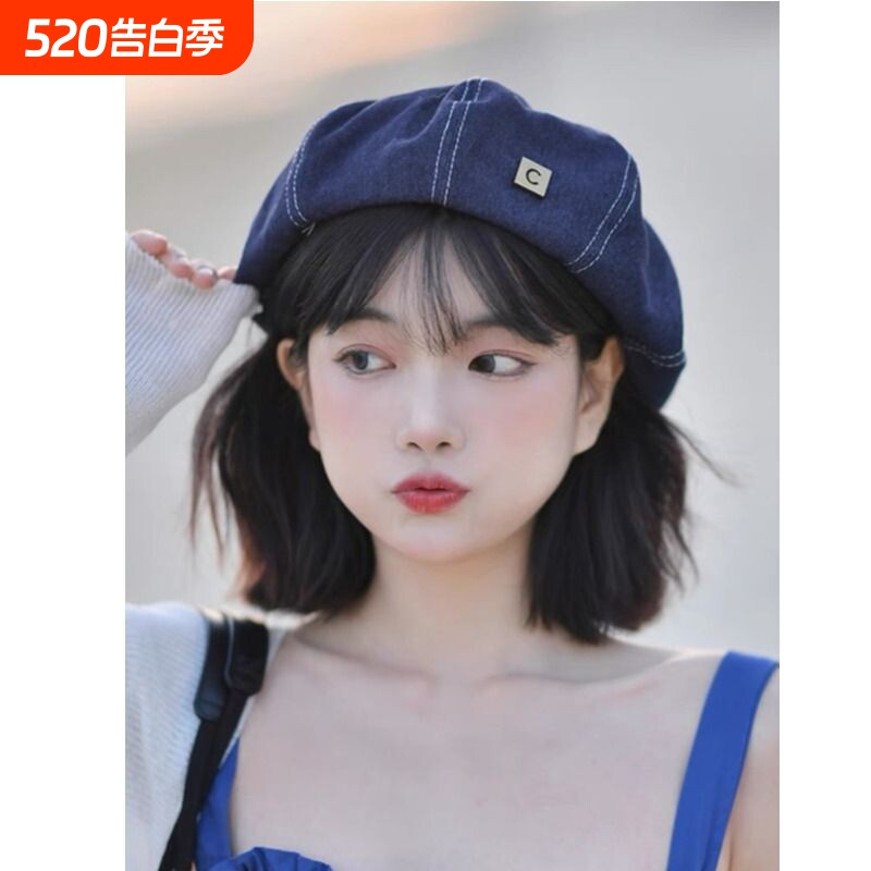 新款牛仔贝雷帽金属标画家八角帽复古春云朵帽子小众百搭报童帽
