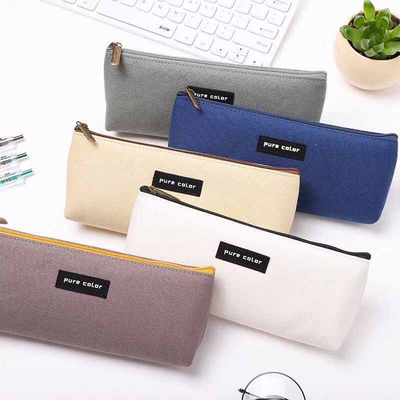 帆布笔袋中学生简约文具盒铅笔盒男可爱笔盒女ins日系大容量文艺铅笔袋绿色纯色单层手提棕色