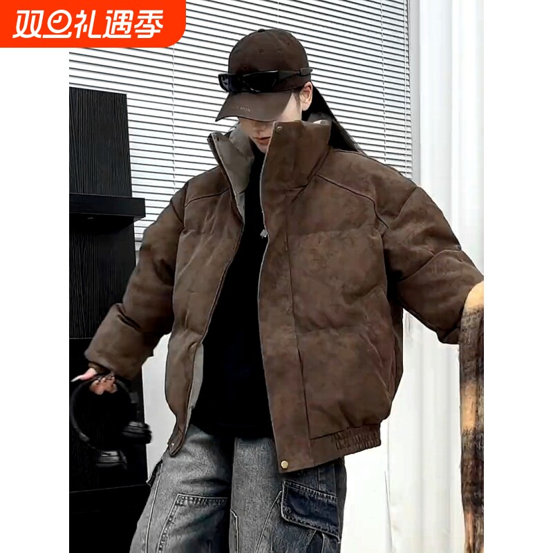 户外PU皮衣外套加厚冬季羽绒服短款面包棉衣服宽松防水男女款防寒