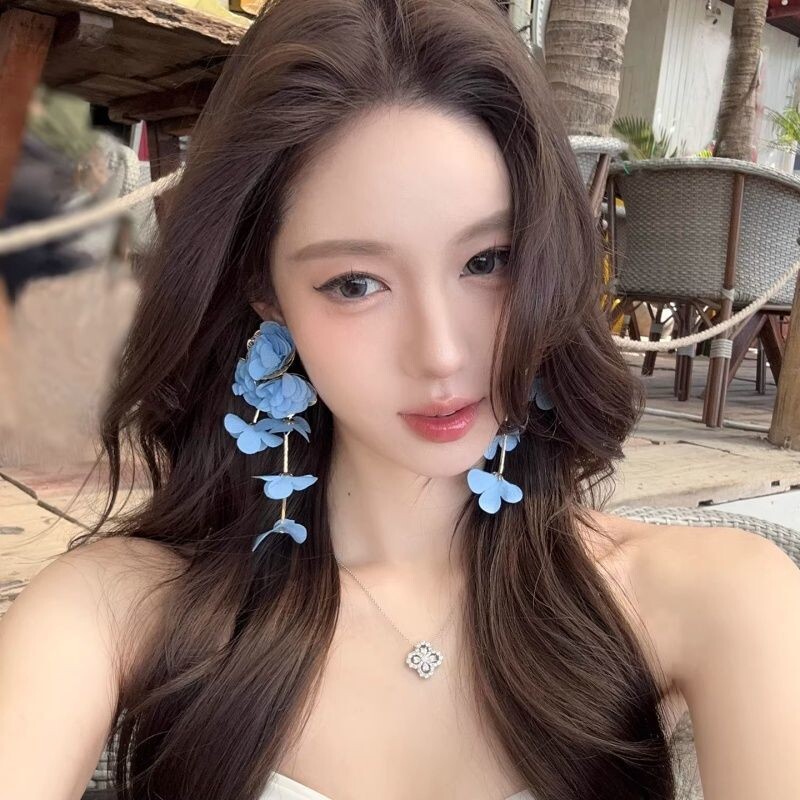 清酒山茶 粉色雪纺花朵流苏大耳环巨好看独特漂亮海边度假风耳饰