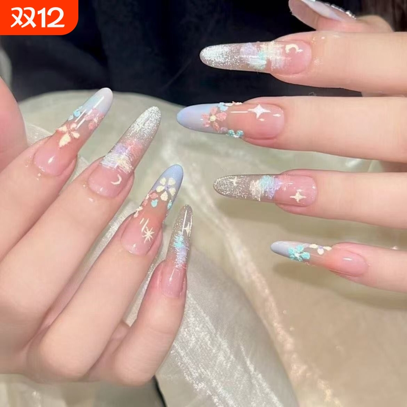 2025新款油画猫眼手工穿戴甲莫奈花园纯欲显白中长款美甲贴片蝴蝶