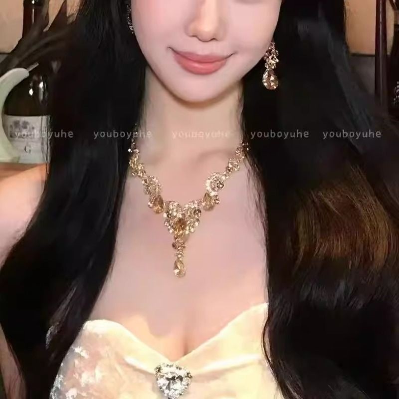 千金琉璃~超闪金色水滴项链女轻奢精致名媛耳环夸张晚宴礼服配饰