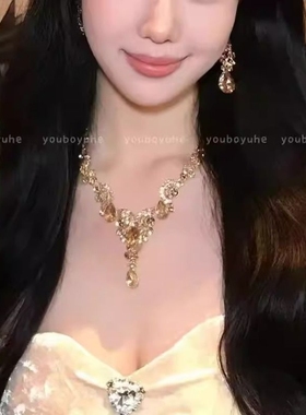 千金琉璃~超闪金色水滴项链女轻奢精致名媛耳环夸张晚宴礼服配饰