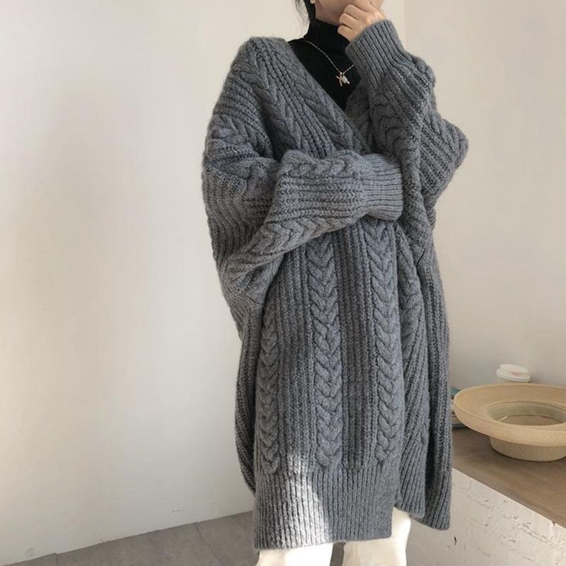 韩衣汐慵懒风复古日系毛衣外套秋冬季宽松加厚麻花中长款针织开衫
