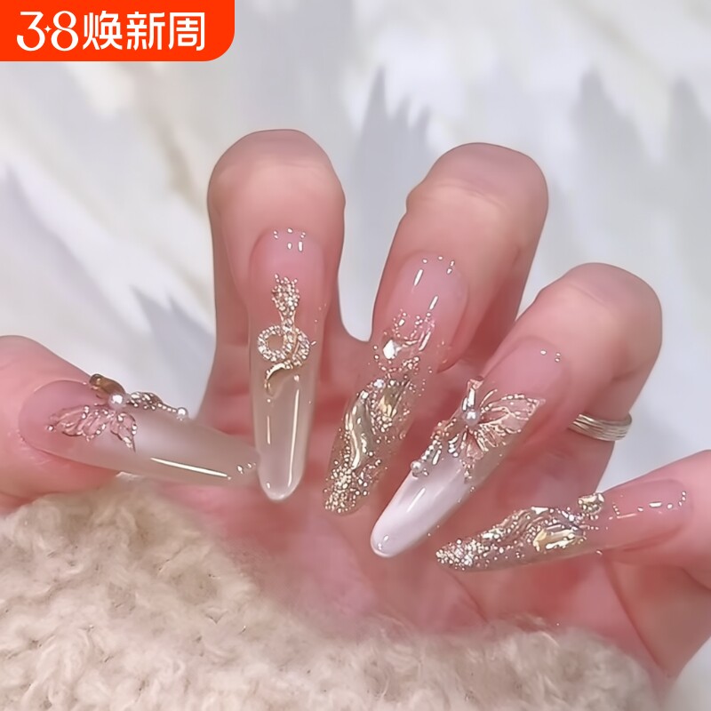 穿戴甲2025新款超显白蝴蝶金蛇猫眼美甲轻奢中长款立体感固态扁平