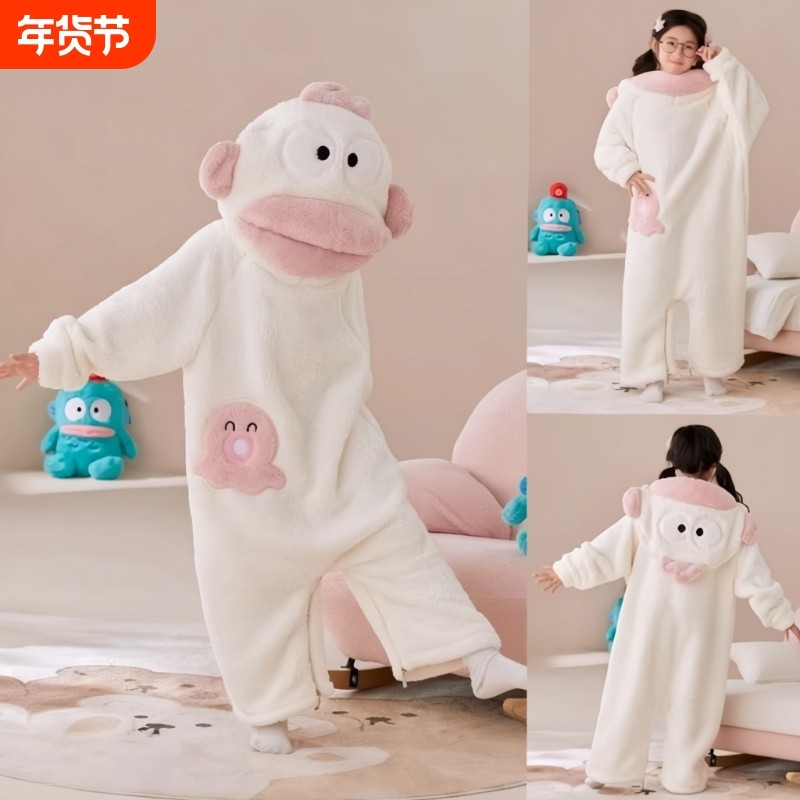 儿童连体丑鱼睡衣女秋冬季亲子款珊瑚绒加厚保暖卡通可爱搞怪睡袍