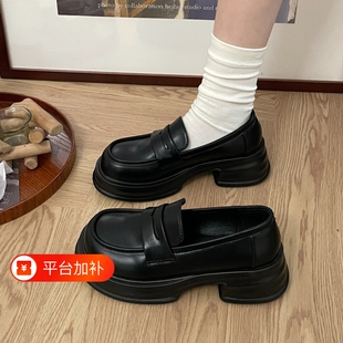 意尔康女鞋黑色厚底乐福鞋英伦风jk小皮鞋一脚蹬单鞋秋季增高哑光