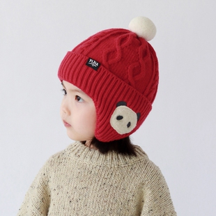 儿童帽子秋冬季宝宝女男童红色男孩护耳帽女童毛线帽冬天过年熊猫