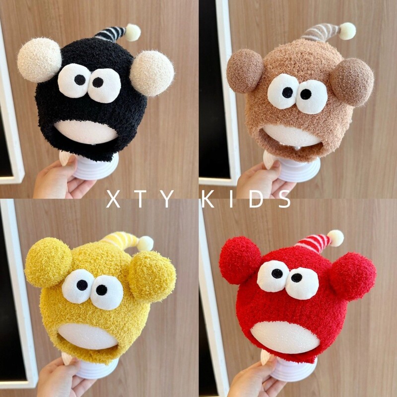 婴儿帽子秋冬季搞怪眼睛男童女童包头帽加厚毛绒帽保暖宝宝护耳帽