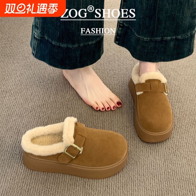毛毛拖鞋女2025新款秋冬加绒包头棉拖鞋厚底勃肯半拖雪地靴女毛绒