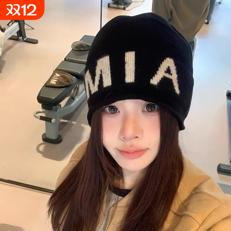 韩版ins字母包头帽子女春秋季时尚百搭大头围套头冷帽针织堆堆帽