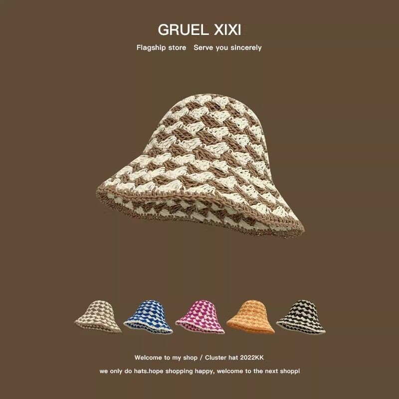 编织可折叠草帽女夏海边2026新款海边度假彩色帽子大头围粉色黑色