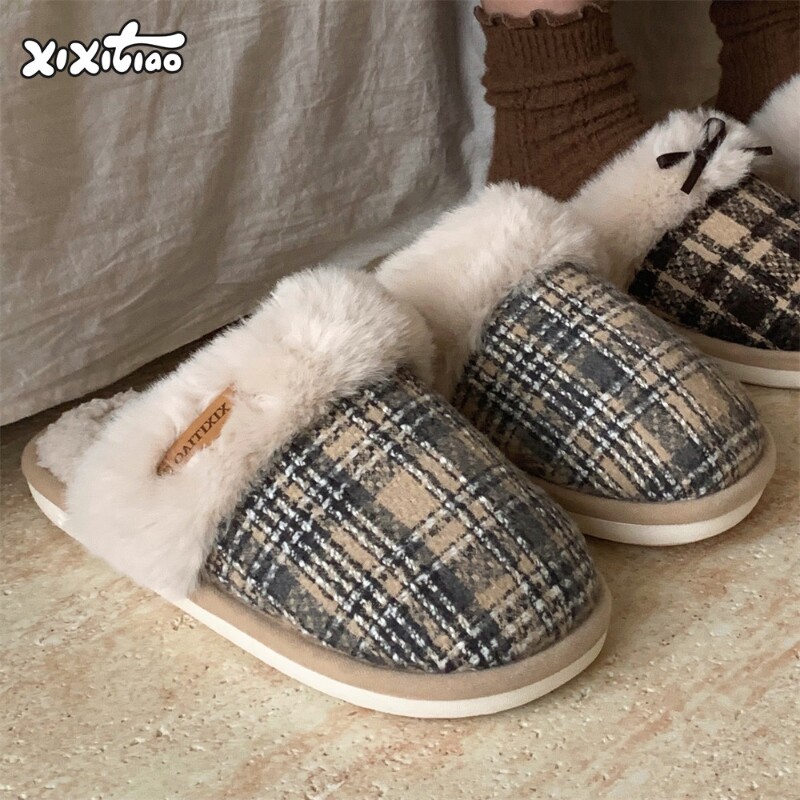 细细条 加绒平底包头毛毛鞋男士冬季休闲居家韩版复古格子棉拖鞋