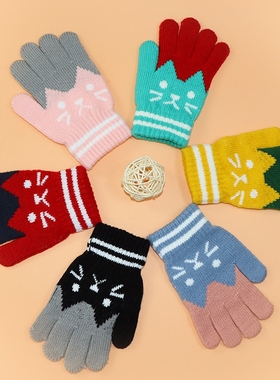 秋冬儿童分指手套加绒加厚男孩女孩学生保暖毛线红色防寒五指绿色