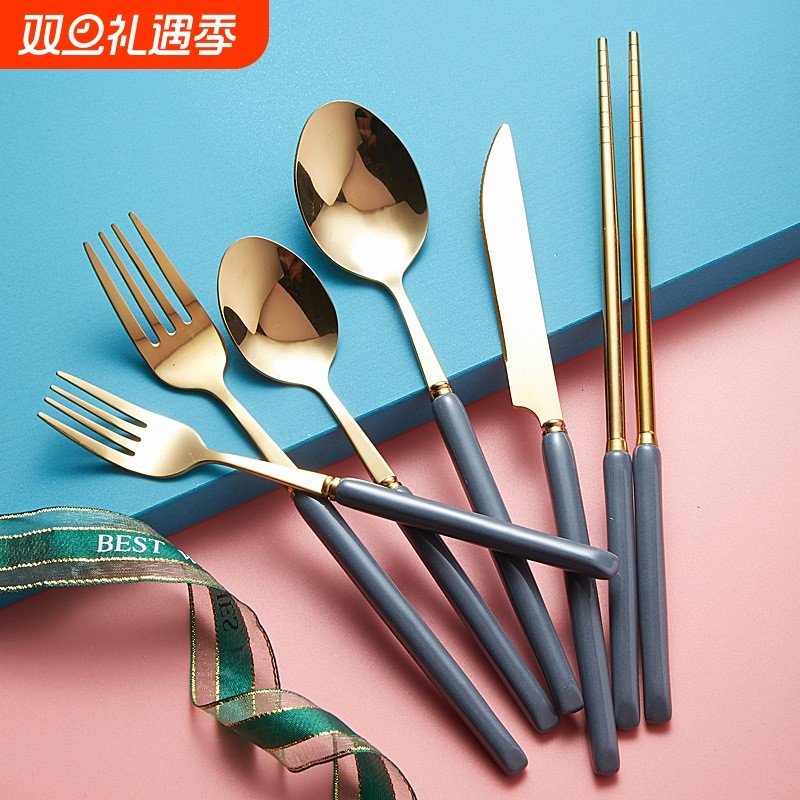 亚马逊北欧轻奢陶瓷不锈钢餐具刀叉勺筷子西餐具牛排刀叉餐具