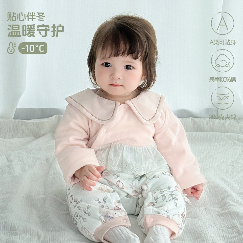 婴儿秋冬夹棉连体衣a类纯棉200g棉服加厚宝宝衣服外出新生儿爬服