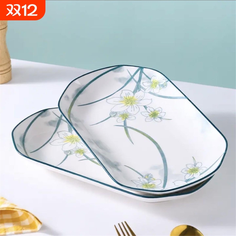 水仙花釉下彩12英寸30厘米大鱼盘蒸鱼盘长方形烤鱼盘子陶瓷家用