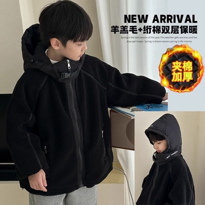 男童冬装加绒外套2025新款中大儿童秋冬款夹棉加厚羊羔绒毛毛衣潮