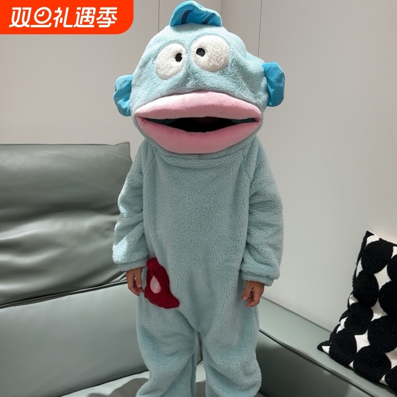 儿童丑鱼连体睡衣秋冬季珊瑚绒加厚睡袍卡通大嘴鱼搞怪家居服亲子