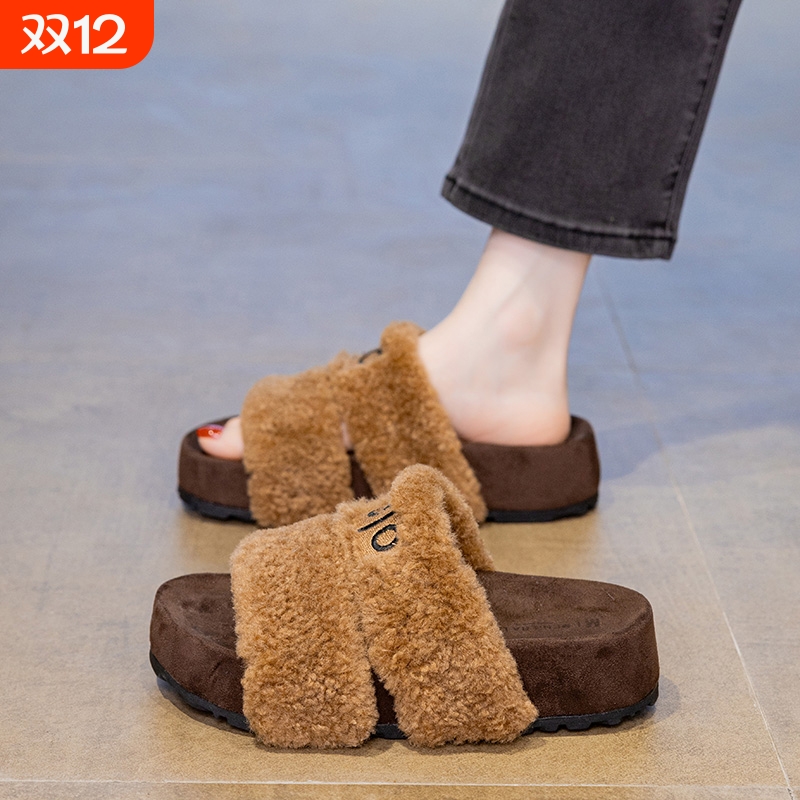 羊羔毛厚底增高毛毛拖鞋女外穿高级感2025新款秋冬超火保暖棉拖鞋