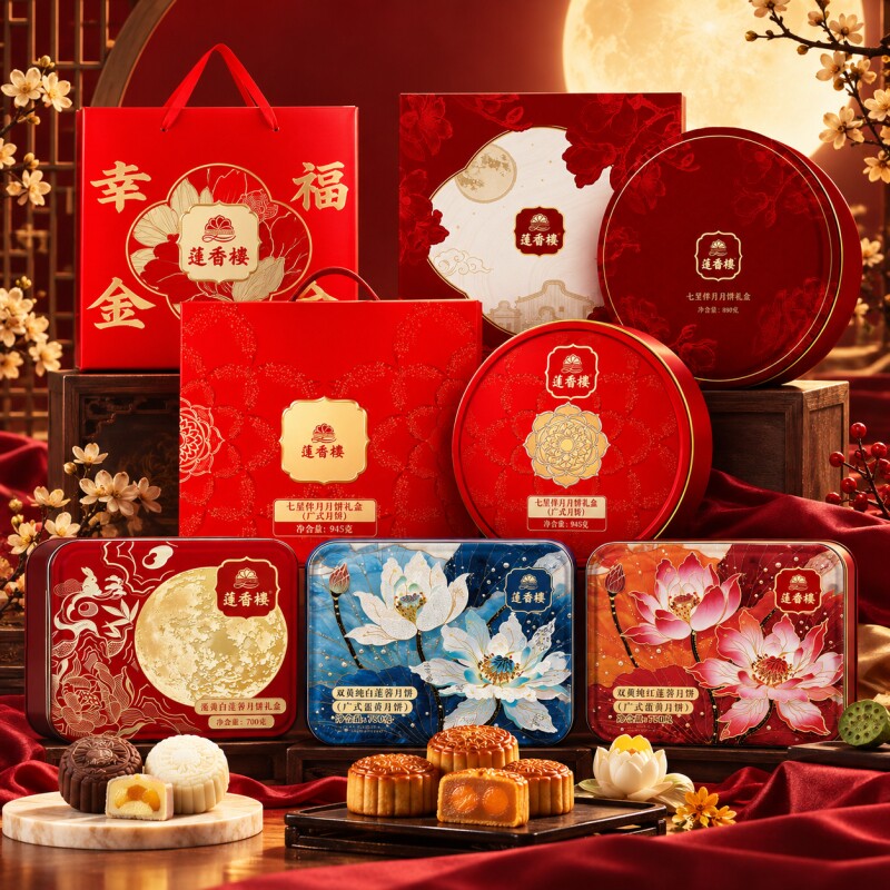 莲香楼双黄纯白纯红莲蓉月饼水果四味风雅礼盒中秋节送礼团购送人