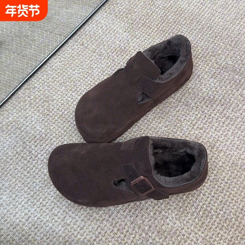 羊皮版~增高一脚蹬毛毛真皮全包勃肯鞋女懒人平底复古加绒棉鞋,女鞋,勃肯鞋/软木鞋,淘宝优惠券,粉丝福利购,淘宝优惠卷