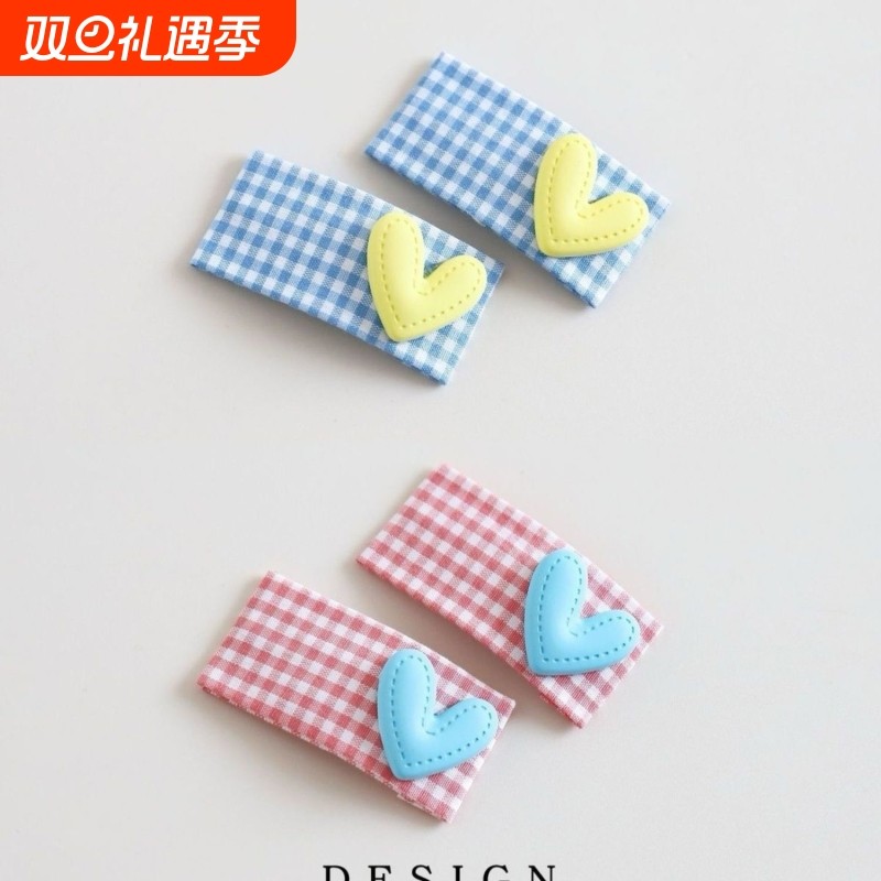 新款简约格纹彩色爱心儿童方形BB夹少女发卡边夹碎发刘海夹
