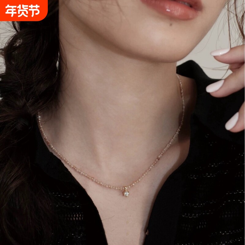 2025春夏锁骨链轻奢精致香槟水晶锆石莫桑石串珠项链配饰女配饰