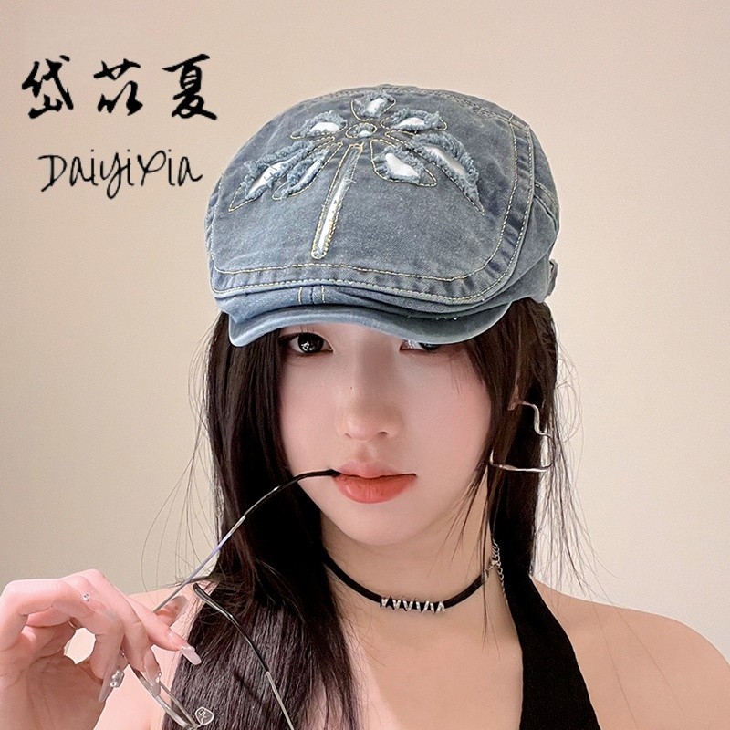 复古牛仔前进帽2025夏季新款时尚百搭潮流显脸小破洞画家贝雷帽子
