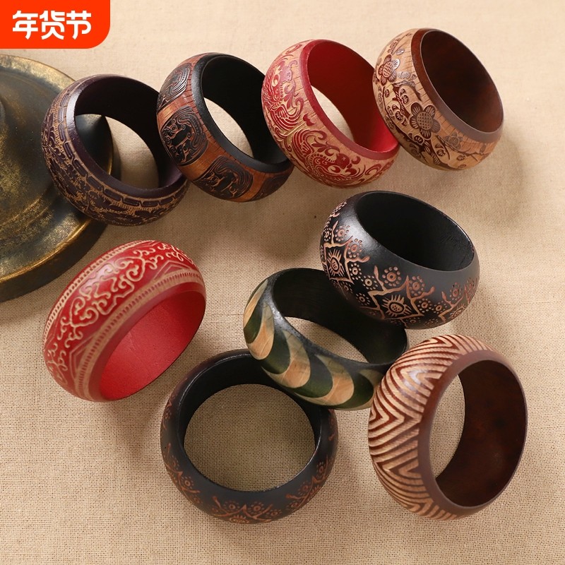 复古宽面雕刻木质手镯新中式小众气质民族风手环战国袍古风女配饰