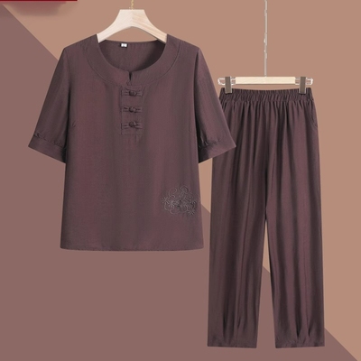 2025妈妈奶奶夏季棉麻套装中老年人607080岁女新款短袖衣服老太太