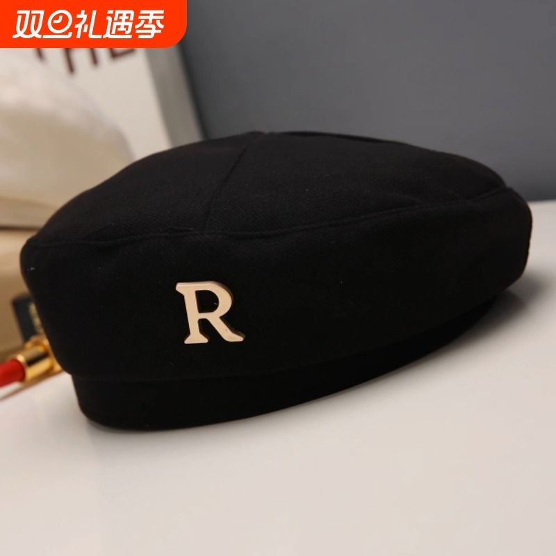 黑色新款贝雷帽女春秋款2023显脸小八角蓓蕾帽子春天平顶手工帽檐