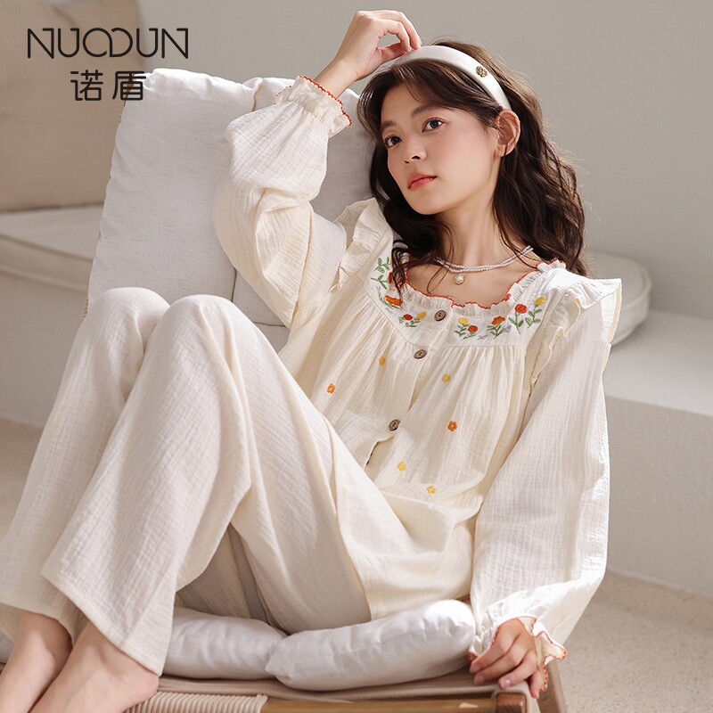 棉绸刺绣睡衣女款云感纱布长袖甜美女士大码家居服 多规格