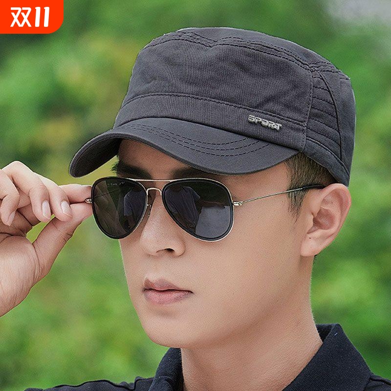 帽子男士平顶爸爸休闲防晒短檐布帽太阳帽四季春秋鸭舌帽大帽檐