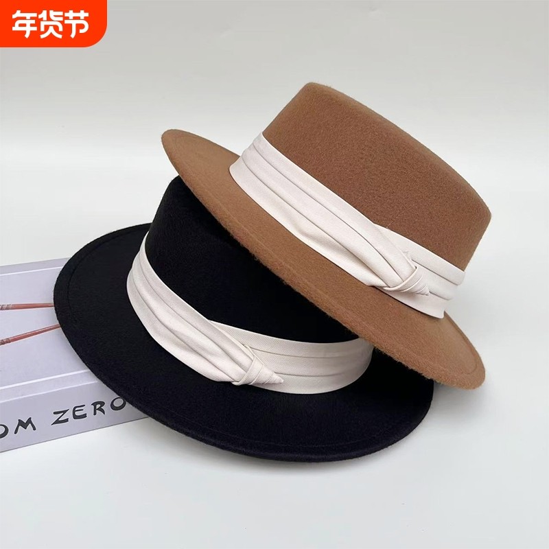 简约毛呢礼帽女平顶法式礼帽秋冬款英伦复古百搭平檐爵士帽男