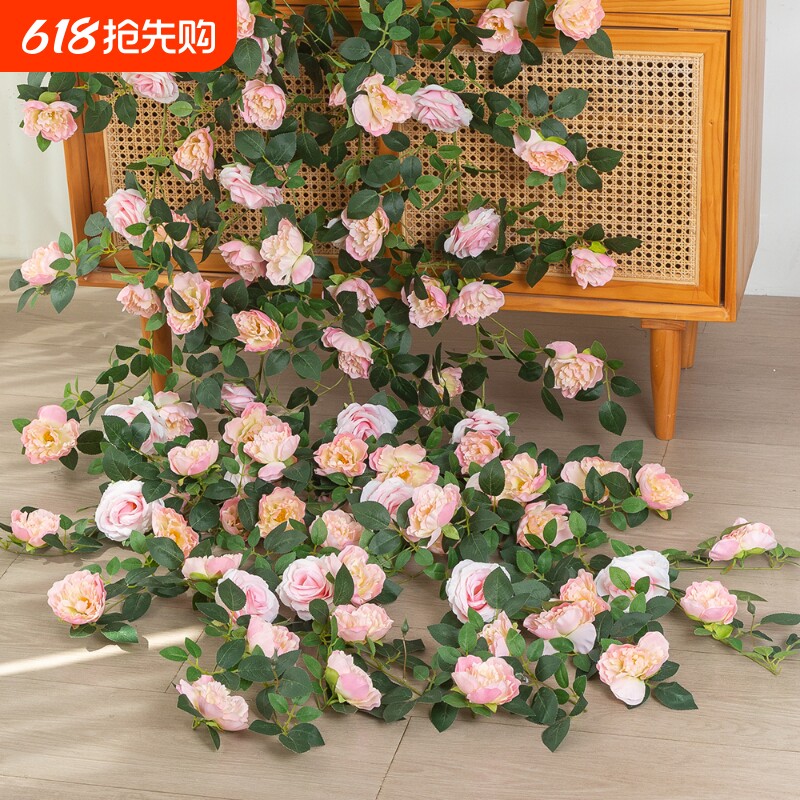 仿真玫瑰花藤蔓客厅室内阳台空调管道庭院装饰假花藤条墙壁挂绿植