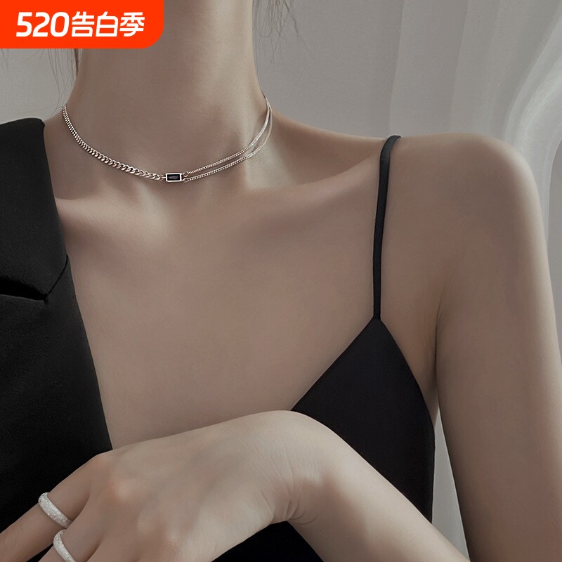 韩版S925银双层不对称项链女复古时尚气质方形锁骨链创意ins饰