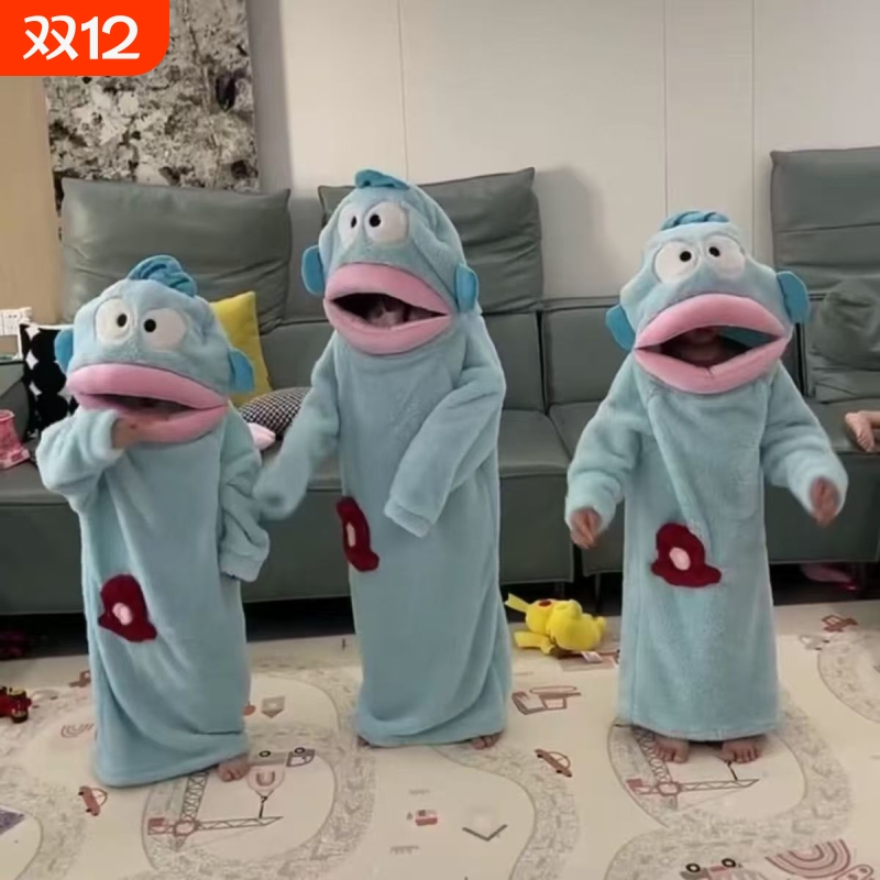 丑鱼儿童可爱搞怪连体睡衣秋冬季加厚珊瑚冬季加绒加厚卡通家居服