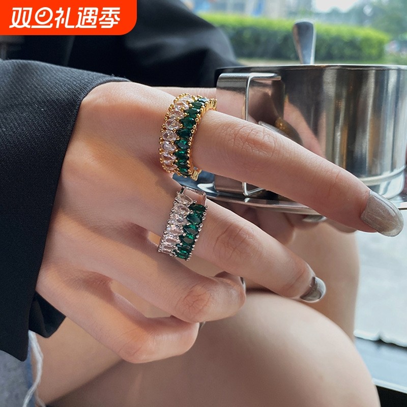 欧美风时尚街拍饰品镶嵌彩色锆石戒指女潮人网红食指指环简约配饰